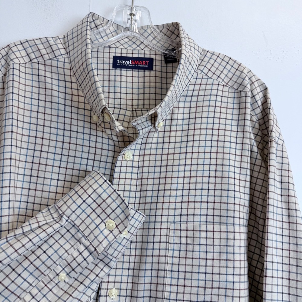 Roundtree & Yorke TravelSmart Mens 3XB Tan Plaid Long Sleeve Button Down Shirt